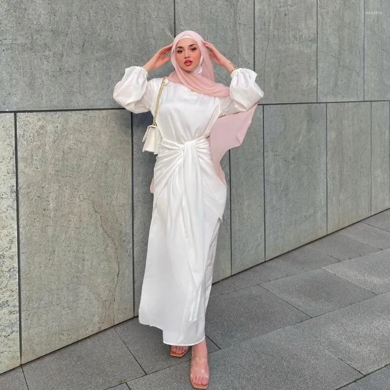 Ropa étnica Eid 2 piezas satinado blanco debajo del vestido de Abaya con falda delantera cruzada conjunto vestidos largos árabes para mujeres musulmanas Dubai islámico