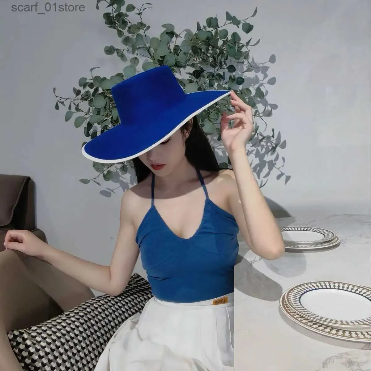 ボールキャップウール帽子hat fedora hatレトロ大きなブリミングトップハットユニセックスパールブラックレッドハットソリッドハット冬Icエレガントパナマハット24319