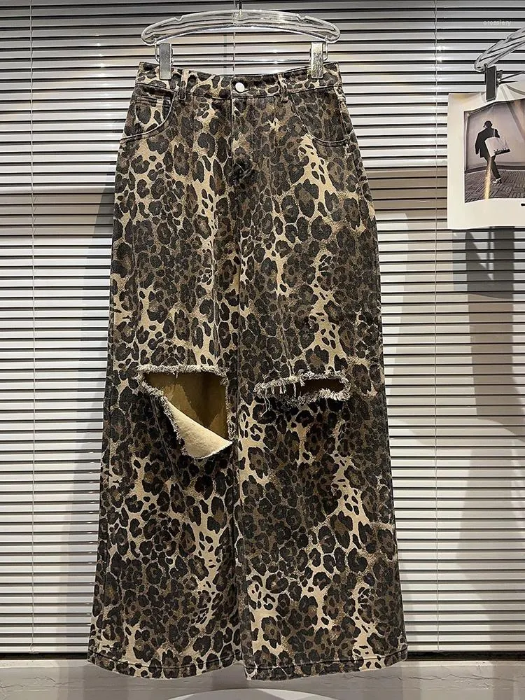 Kvinnors jeans leopardtryck rippade hål baggy för 2024 vår sommar överdimensionerade kvinnor y2k byxor streetwear denim rak