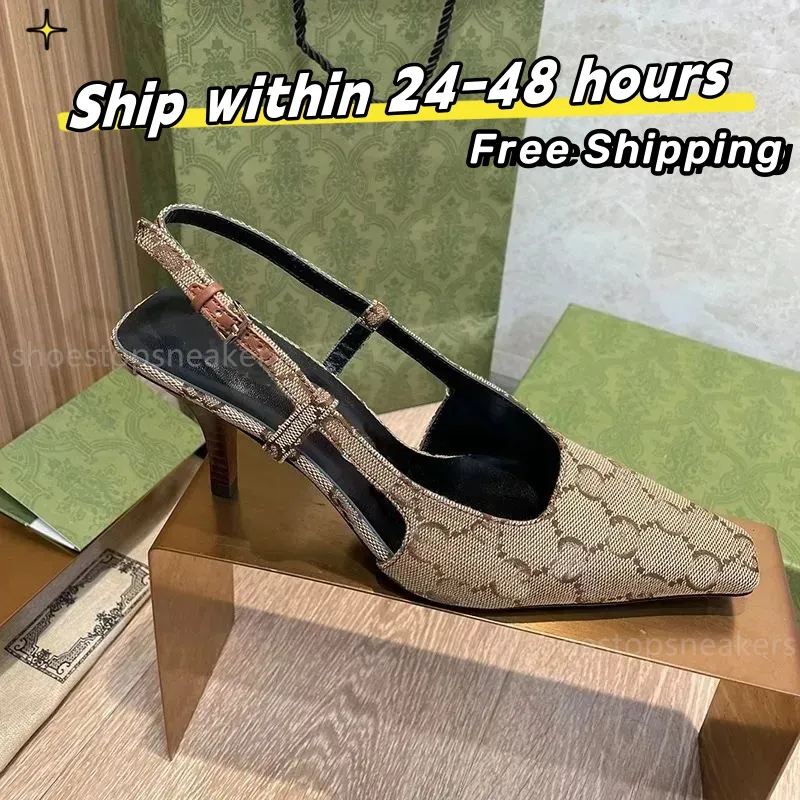 Nieuwe Designer Sandalen Slingback Hoge Hakken Vetersandalen Halfhoge hak Zwart Mesh Diamant Decoratie Bedrukte Schoenen Mode Geklede Schoenen Rubberen Leren Schoenen Met Enkelbandjes