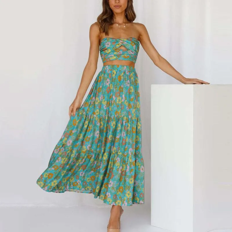 Vestidos de trabalho senhoras boho floral impresso saias verão sexy bandeau topo e casual estilo férias maxi saia conjunto para mulher