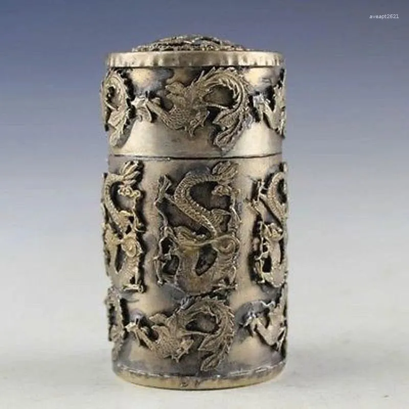 Flaskor Asien Collectible Decorated Tibet Silver Carved Dragon and Phoenix Box