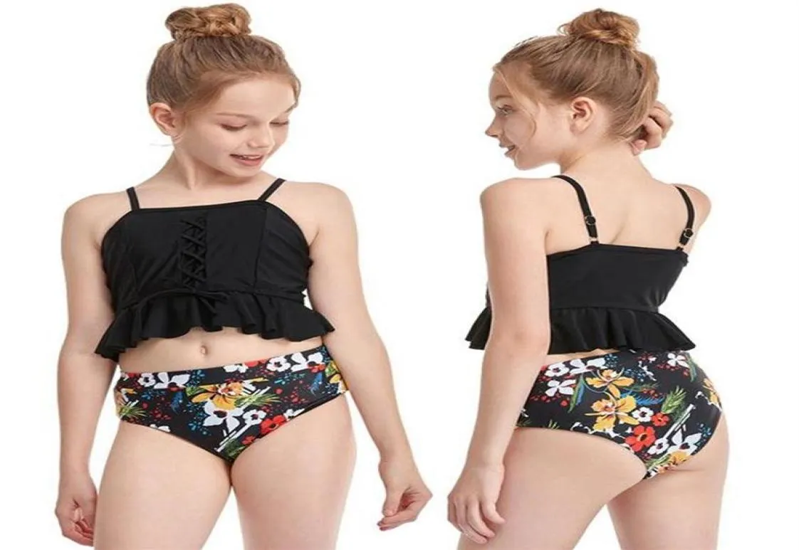 Maillot de bain filles deux pièces maillots de bain pour enfants enfants ensemble de bikini à volants taille haute maillot de bain floral été vêtements de plage 212 ans On8442369