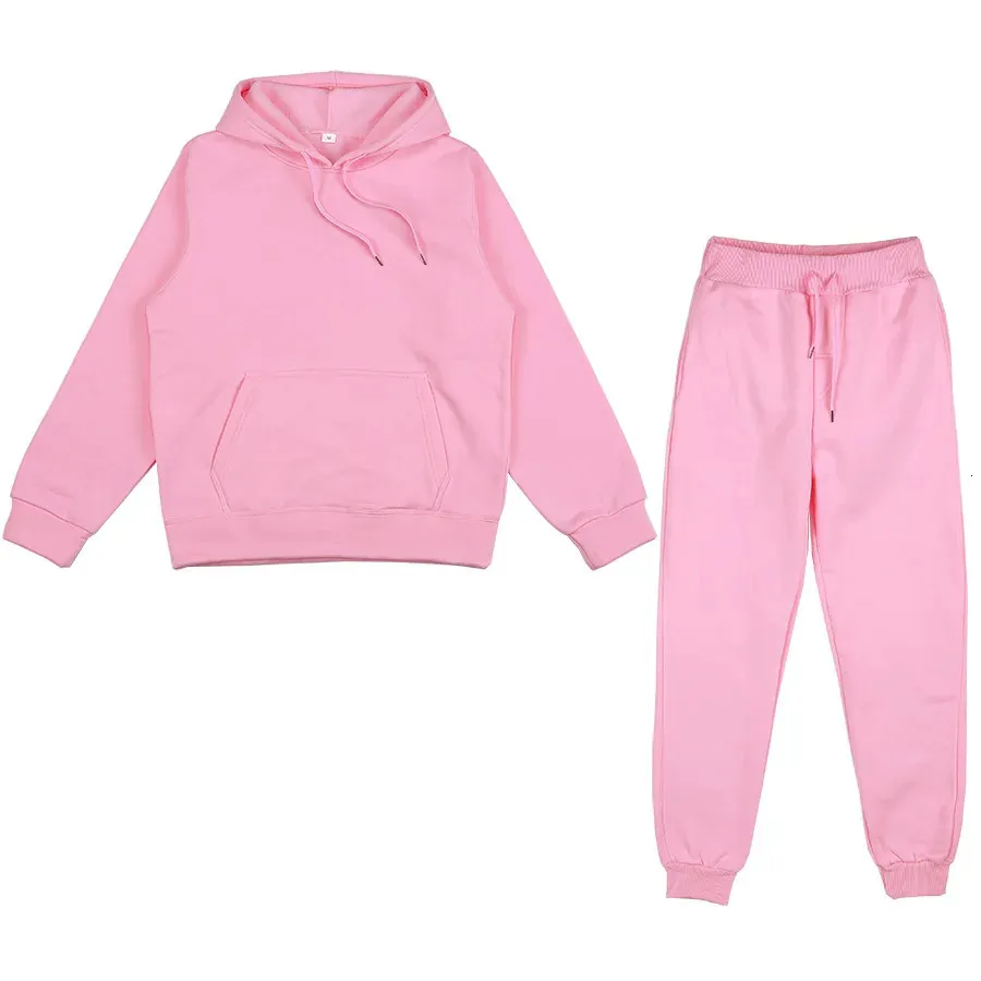 Hommes femmes couleur unie à manches longues sweat à capuche et pantalon Jogging ensemble décontracté hiver sweats à capuche chauds survêtement Sport 240309