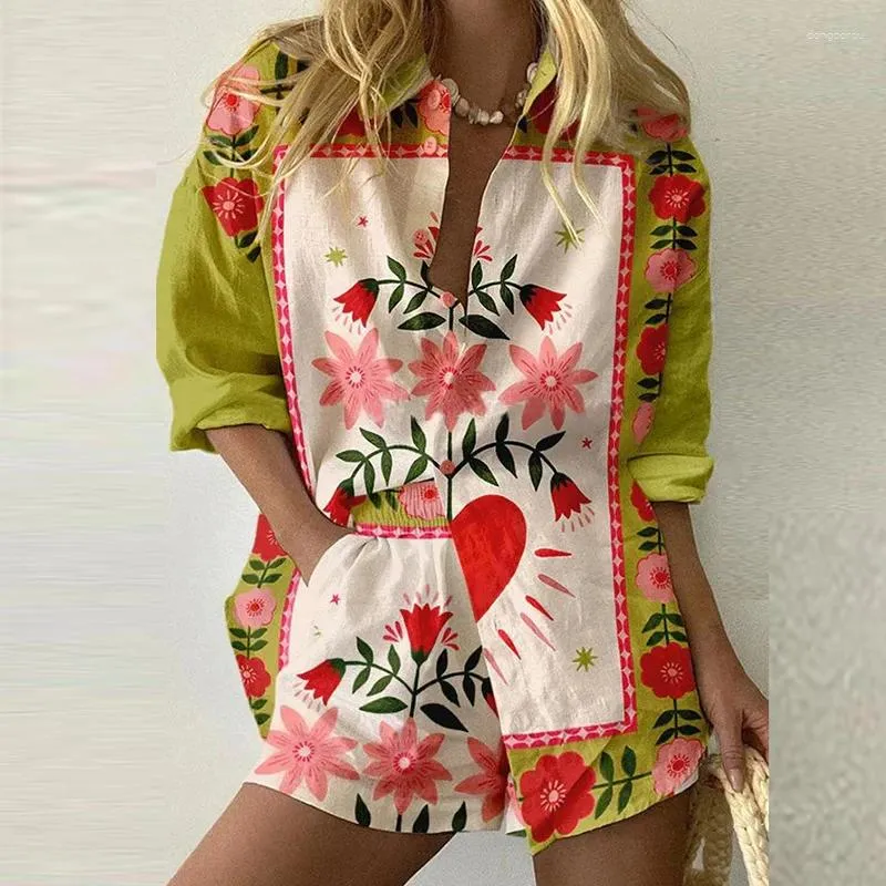 Damskie dresy boho ustawione dla kobiet 2 sztuki Wzór drukowane wiosenne lato luźne koszulę z długim rękawem szorty plażowe garnitur Hawaje wakacje