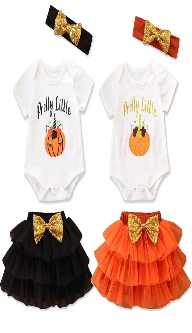 Yeni doğan bebek Romper Suit Bebek Bebek Cadılar Bayramı Balkabağı Giyim Giyim Bebek Kızlar Mektup Bowtie Mesh Tutu etek Kafa Bantlı 062398682