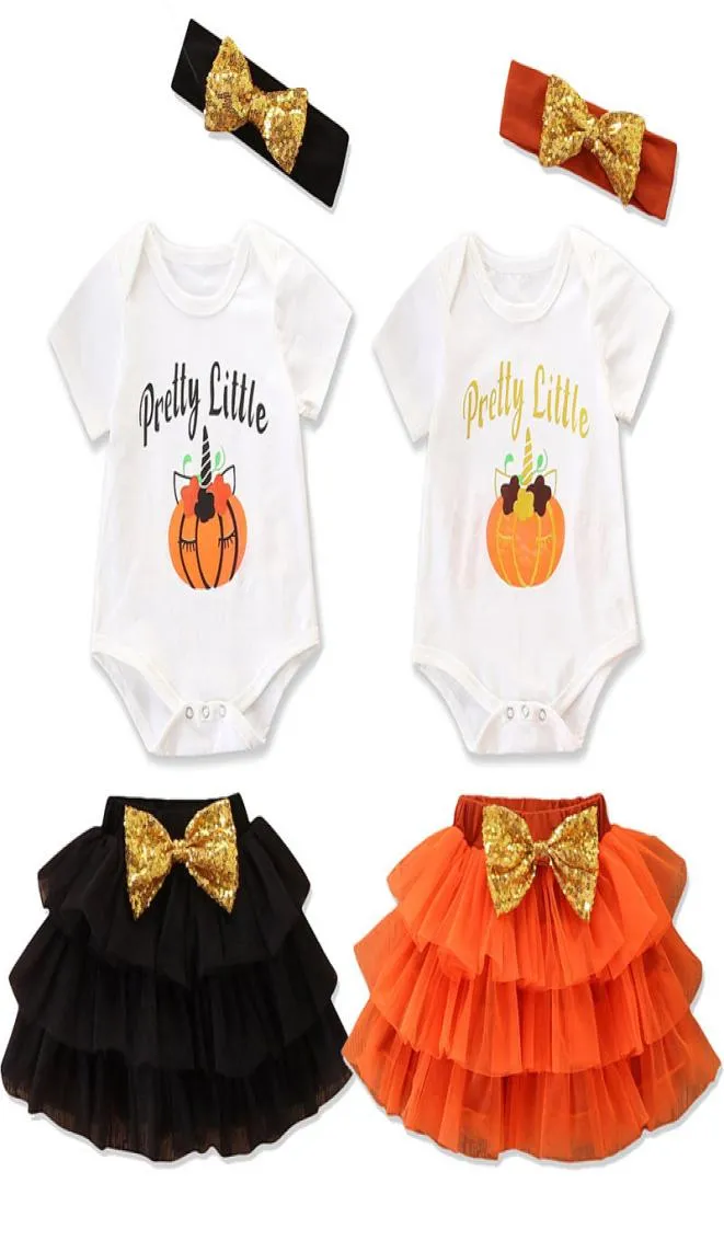 Nouveau-né bébé barboteuse costume infantile bébé Halloween citrouille thème vêtements bébé filles lettre noeud papillon maille TUTU jupe avec bandeau 062398682