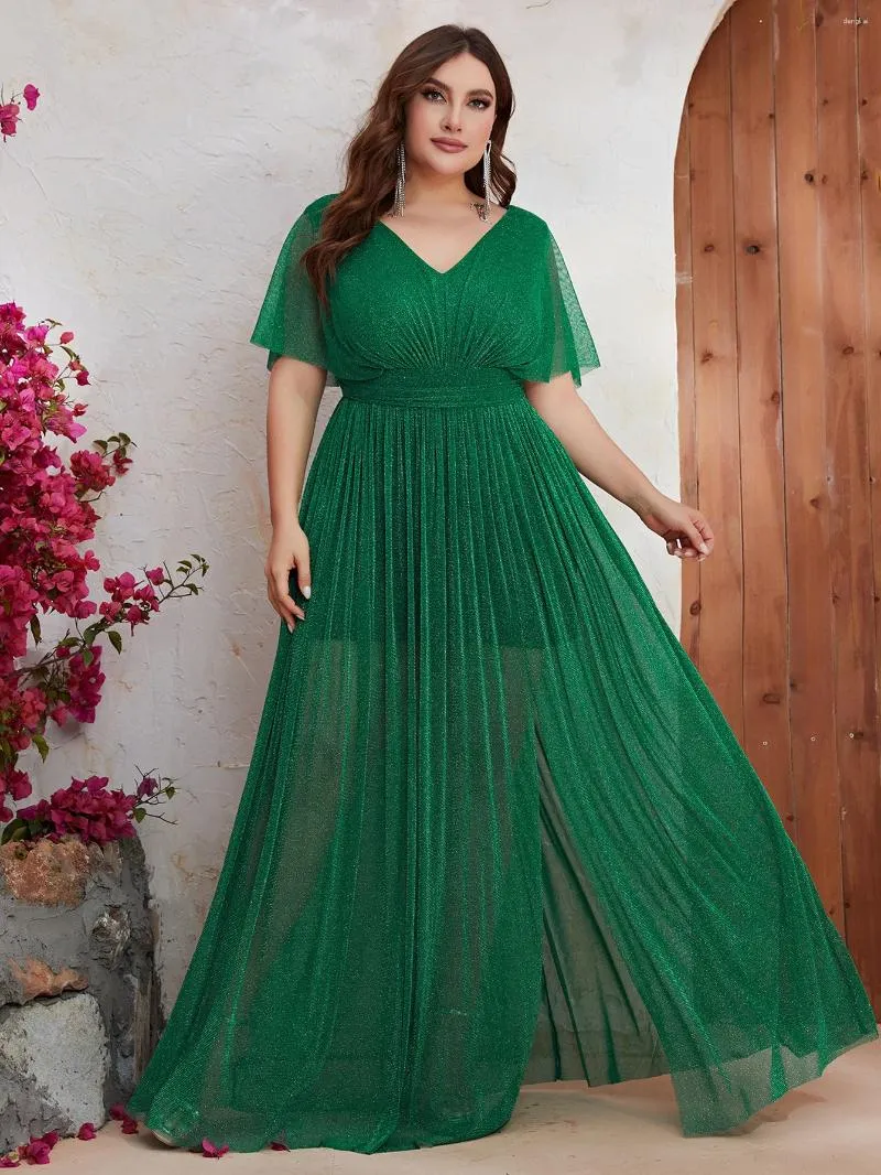 Vestidos plus size europeus e americanos, vestido grande transfronteiriço com mangas morcego, decote em v pequeno, verde, elegante, fenda longa