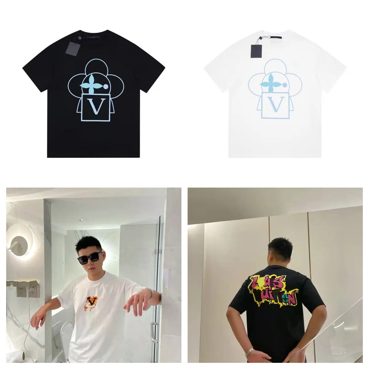 夏の新しいポプルメンズファッショナブルなプリントTシャツカジュアル男性スリムフィットブラックデザイナーラウンドカラーボーイズサイズ短袖トップティー