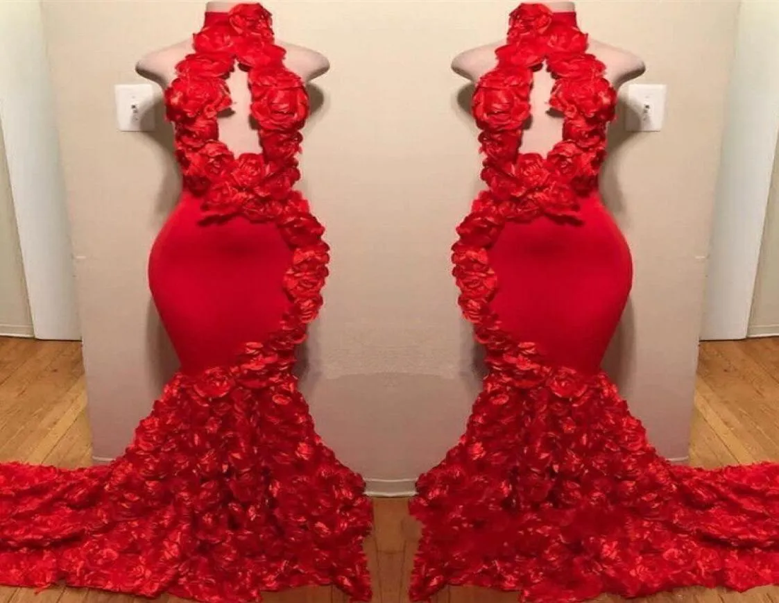 Rosa vermelha sereia vestidos de baile 2022 novo sexy alta pescoço apliques vestidos de noite formais varredura trem vestidos de festa 9494248