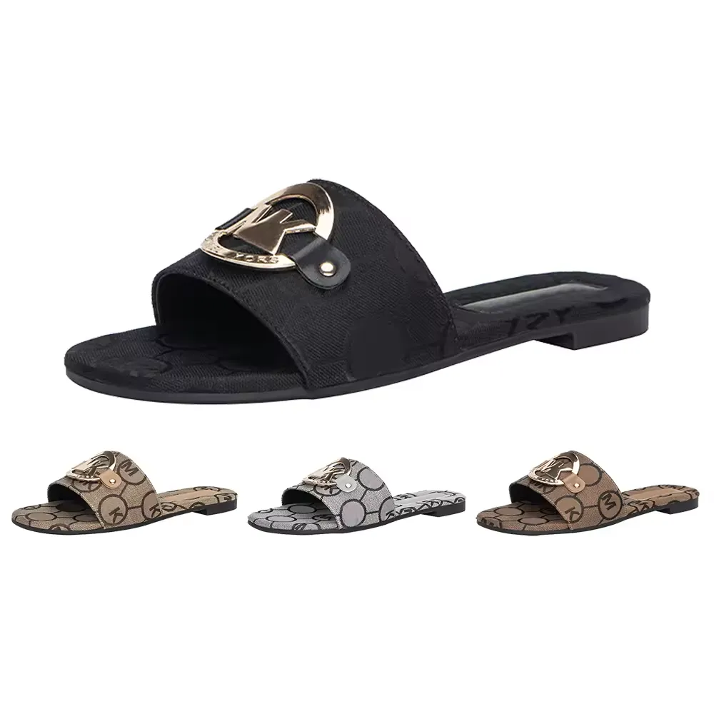 Borduren Metallic Slide Sandalen Designer Slides Dames Slippers Mode zomer brief platte sandaal casual slippers luxe slipper strand flats lage hak schoenen