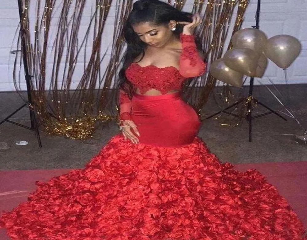 2019 ASO EBI Style Sukienki balowe 3D Rose Flowers for Women Party Zużycie bez pleców Dubai Caftan Czerwony długi rękaw Dwa kawałki Suknia wieczorna 3970189