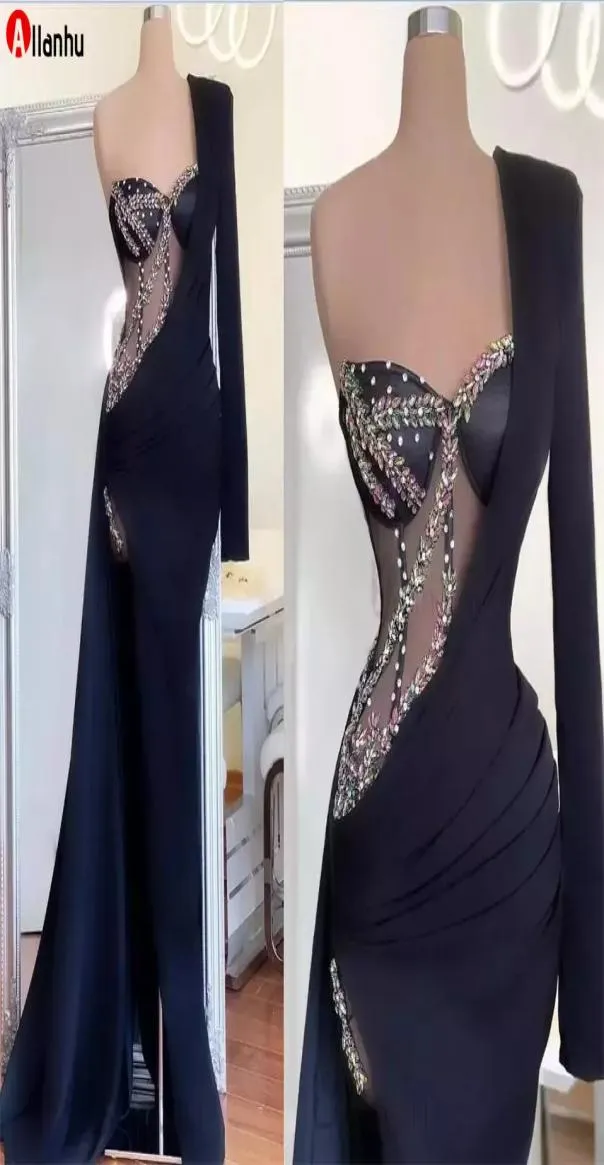 NEW Black Mermaid Evening Dresses Single One Shoulder Long Sleeves 2022 Illusion Beading Prom Gowns High Slit Crystal Formal Lady8726883
