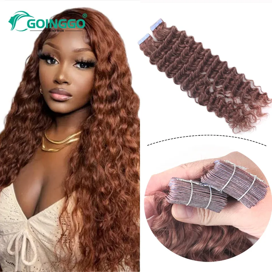 Extensions ruban d'onde profonde dans les cheveux extensions pour les femmes noires coiffes de cheveux humains tas adhésif 99J Tape Hair Remy Noir Noir 20pcs / set