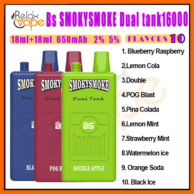 Original BS SMOKYSMOKE 16000 Puff Destacados Vape Cigarrillos electrónicos desechables 36 ml Tanque dual Malla Bobina Pod 650 mAh Vapes recargables Pluma 2% 5% 10 sabores