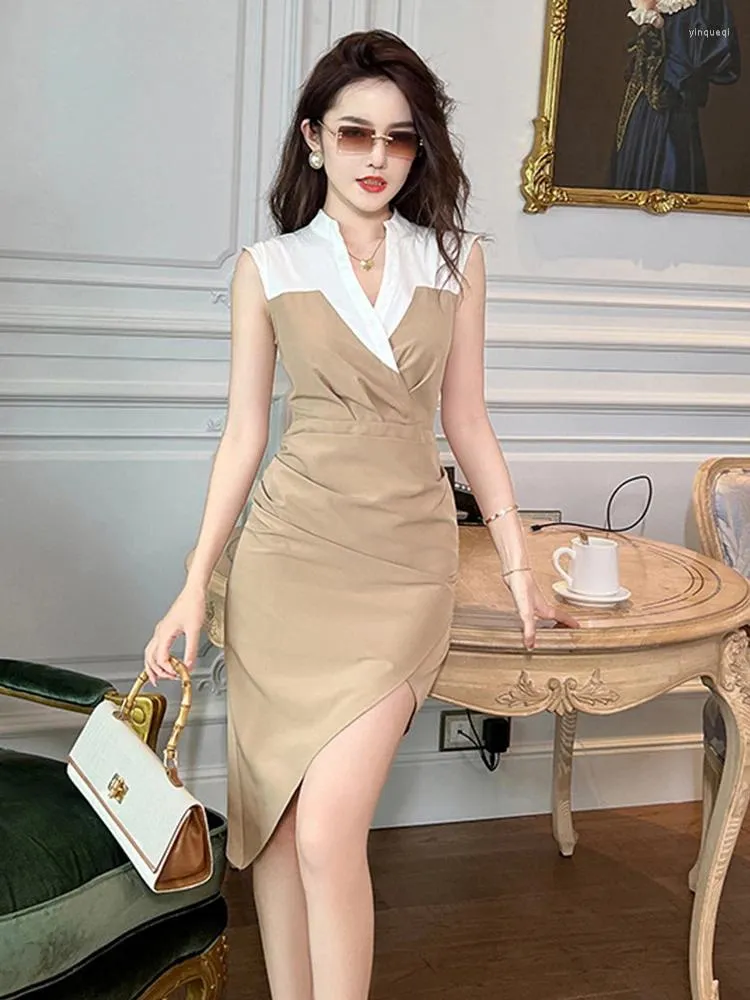 Casual Dresses Summer Women Midi Dress Commute Professional Elegant Khaki V-neck Sleeveless Asymmetrical Slit Outfit Office Street Vestido