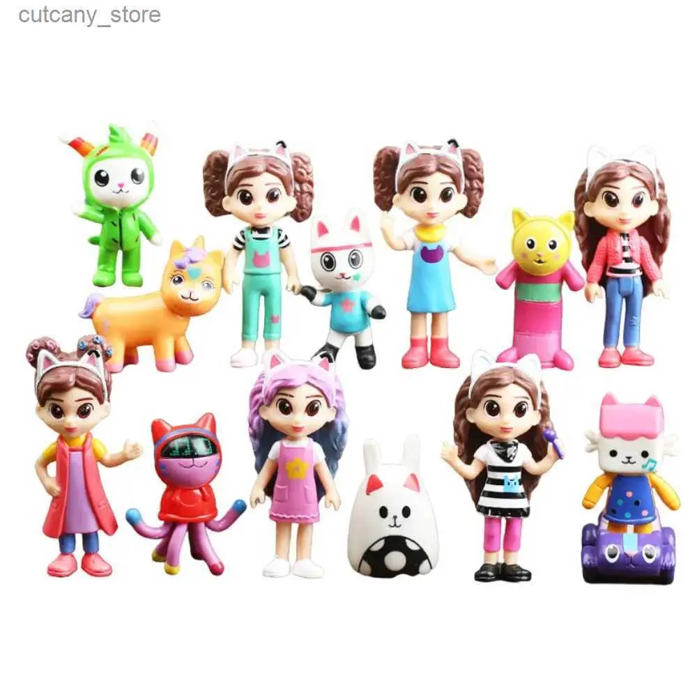 Action Toy Figures 14pcs / set PVC Gabby Dollhouse Figure Toy Mercat Cartoon Animaux Souriant Voiture Chat Câlin Gaby Fille Poupées Enfants Cadeaux D'anniversaire L240320