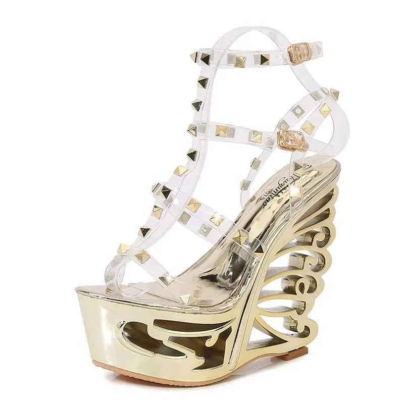 Kleidschuhe Neue 2022 Womens Rivet Transparent Sandalen Hollow Out Wedge High Heel Schuh Silber Super Nachtclub Stahlrohr Tanzen H240321