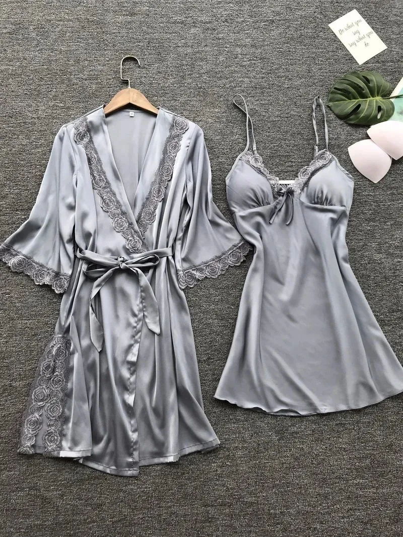 Mulheres sexy renda pijamas lingerie renda pijama robe conjunto roupa interior camisola senhoras roupas de casa 240308