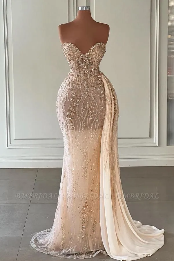 Gorgeous Champa Mermaid Prom Dresses With Detachable Skirt Sexy Sweetheart Backless Beadings Ruffles Long Evening Gowns BC15353
