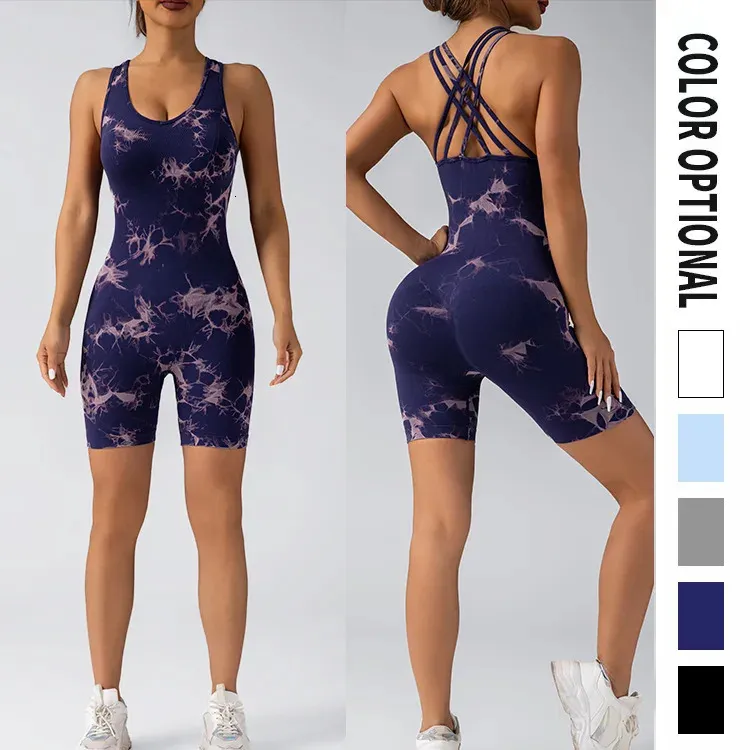 Womens Yoga Sets Sexy Tie-dye Jumpsuit Cross-Back Sleeveless Tight-Fitting Quick-Drying Sports Fitness Clothes 240304