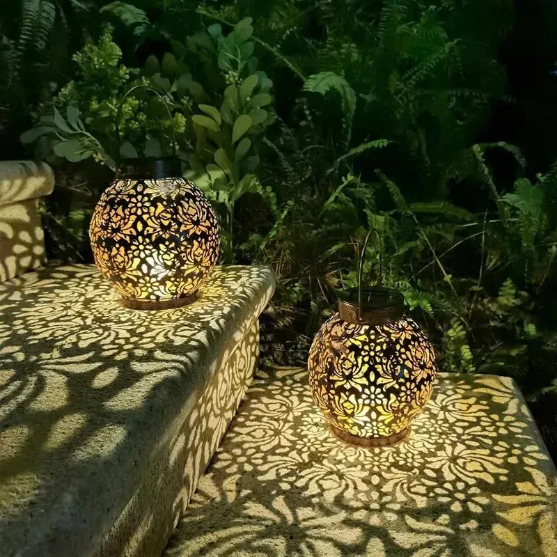 LED Solar Lantern Light Hollow Wrought Iron Projection Light Hanging Lamps Outdoor Waterproof Yard Garden Art Decoration 240229