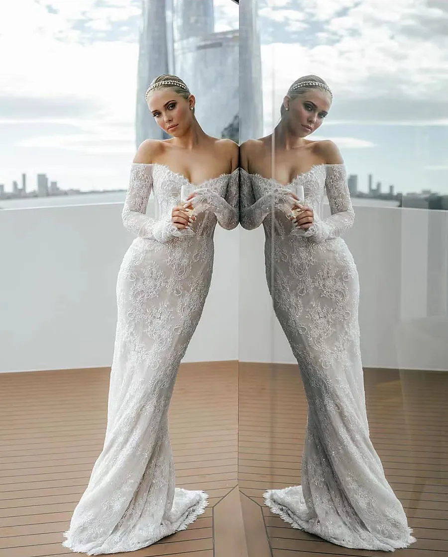 Abiti da sposa eleganti a sirena Abiti da sposa senza spalline senza spalline in pizzo bianco con maniche lunghe in pizzo Boho Taglia personalizzata