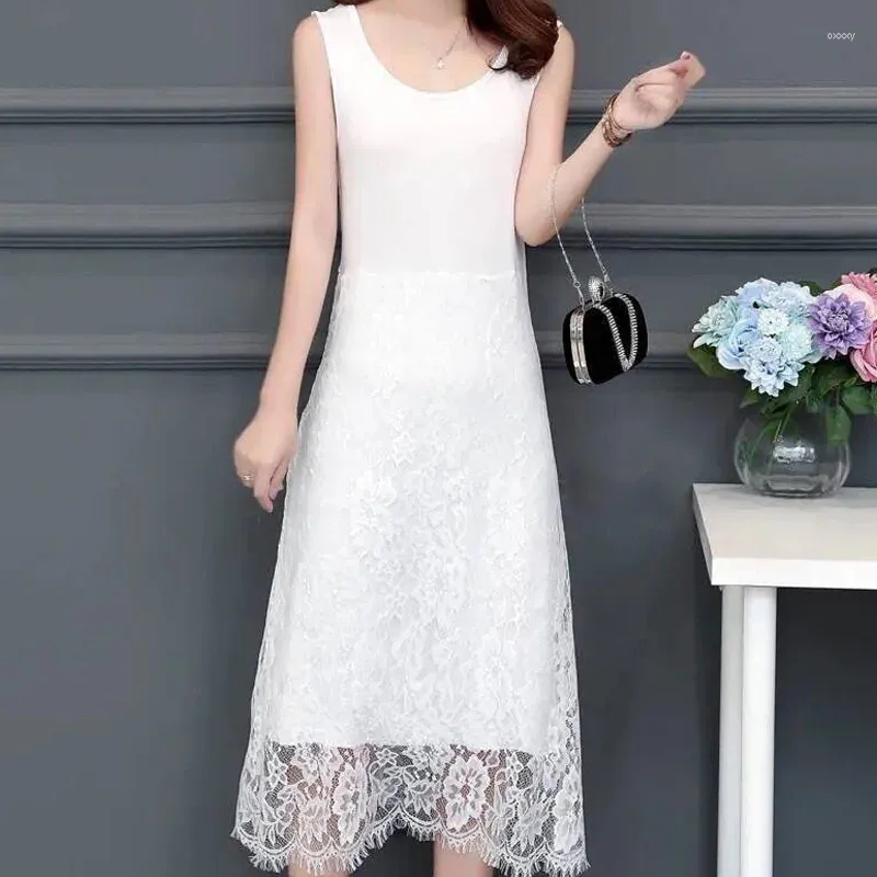 Casual Dresses Summer Fashion Lace Women's Clothing Sleeveless Interior Lapping Temperament Ladies Pullovers Solid Color A-line Skirt