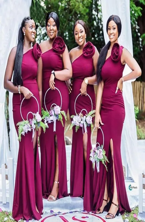 One Shoulder Mermaid Bridesmaid Dresses Side Split 3D Flowers Long Wedding Guest Dress Maid Of Honor Gowns Cheap1438886