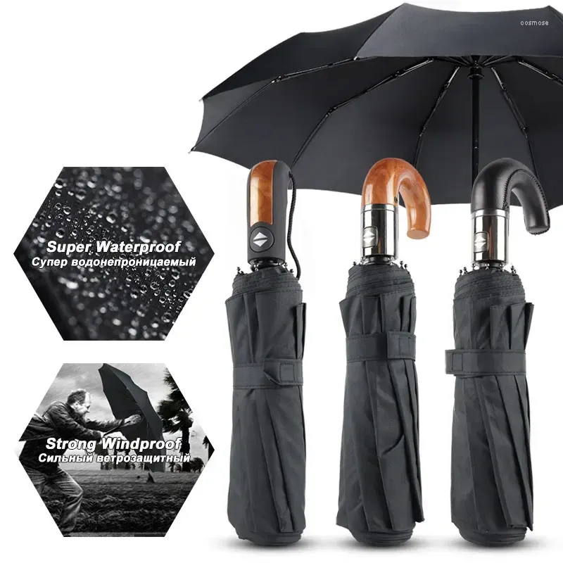 Umbrellas Wind Resistant Large Automatic Umbrella Rain Women Leather Wood Handle Business British Style Men's Gift 3Fold