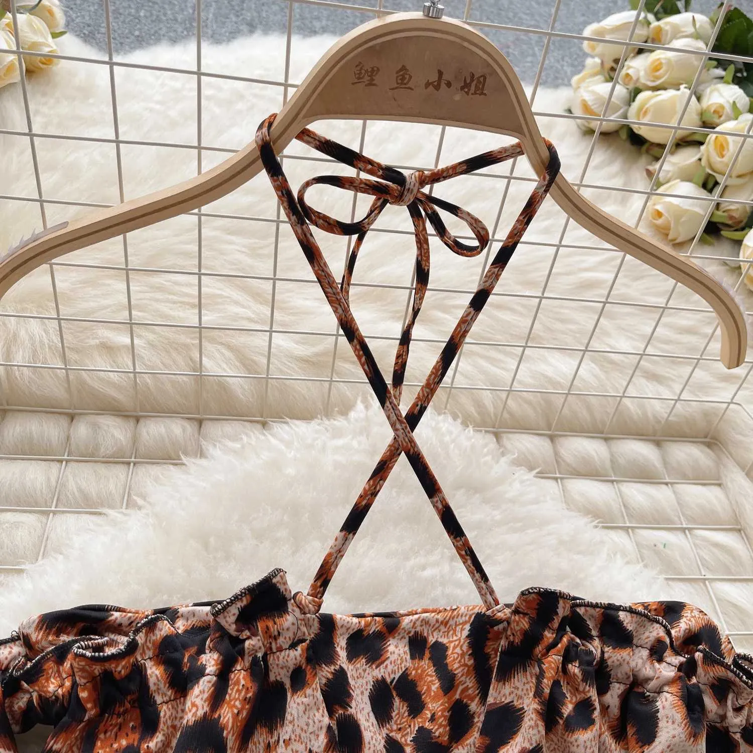 Leopard Print Three Piece Set: Off Shoulder Mini Tops, Drawstrings, And ...