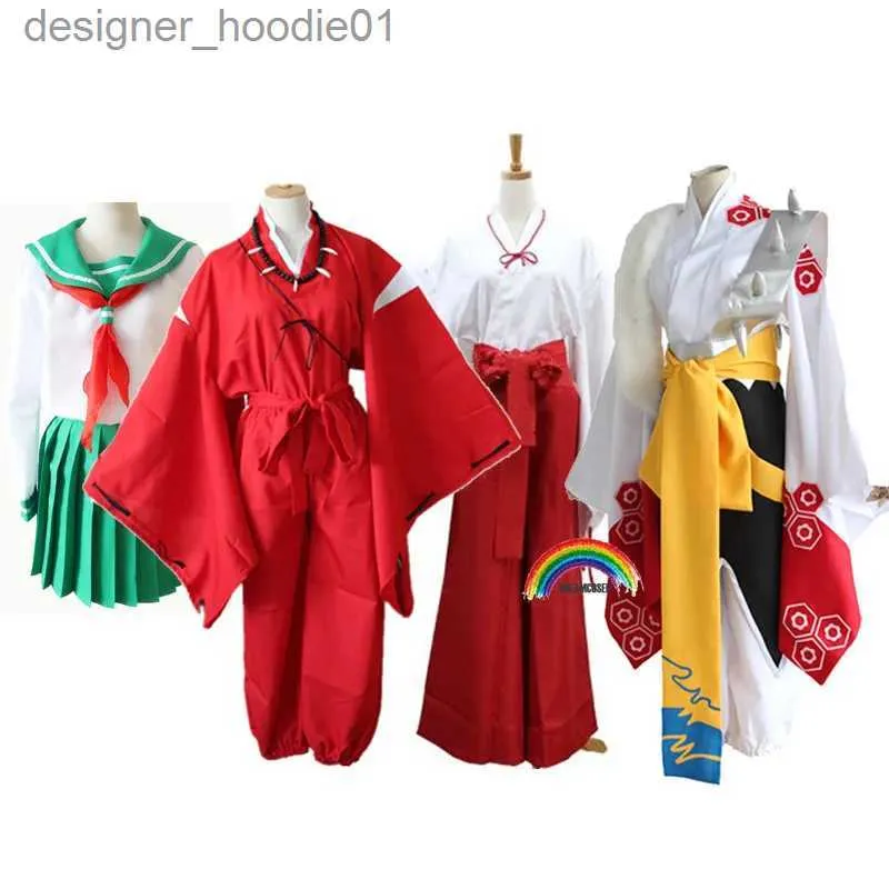 cosplay Anime Costumes Inuyasha jeu de rôle Higurashi Kagome Kikyo Sesshoumaru en kimono japonais rouge pour les perruques de fête d'HalloweenC24320
