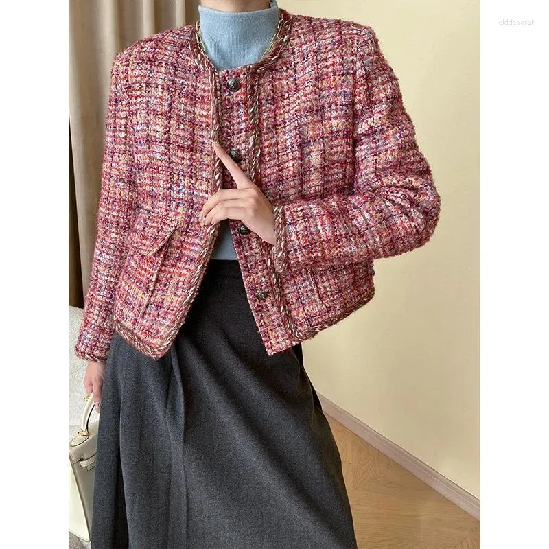Kadın Ceketleri Fransız Pembe Ekose Küçük Kokulu Tweed Kısa Ceket Crewneck Uzun Kollu Zarif Moda Kore Kadın Ceket Sonbahar