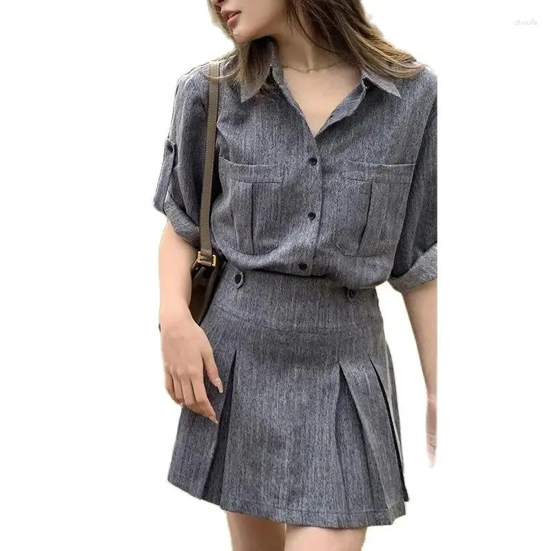 Work Dresses QOERLIN Stylish 2 Piece Skirts Sets Grey Women Outfits Pieces Short Sleeve Summer Shirts Pleated Back Zipper Casual