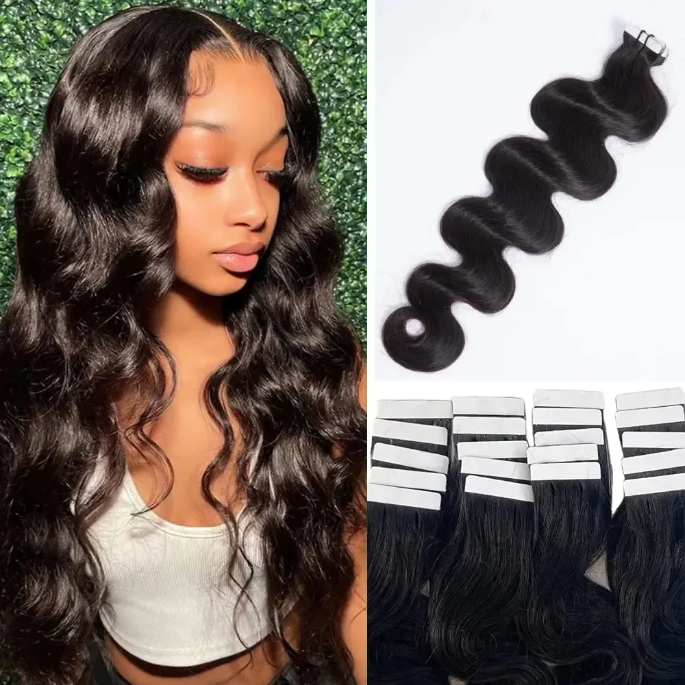 Extensions Bande noire naturelle ondulée dans les Extensions de cheveux pour les femmes noires bande de trame de peau de corps de cheveux humains dans les Extensions de cheveux