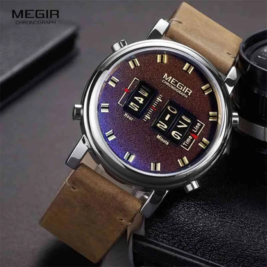 MEGIR New Top Band Watches Men Military Sport Brown Leather Quartz Wrist Watch Luxury Drum Roller relogio masculino 2137 2103292110