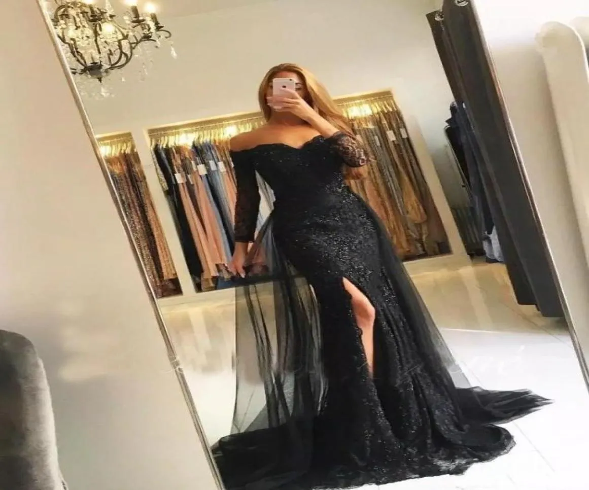 Black Muslim prom Dresses 2018 v neck Mermaid 34 Sleeves Lace Beaded Slit Islamic Dubai Kaftan Saudi Arabic Long Evening Gown9504752