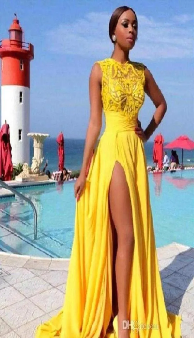 Abiti da ballo giallo brillante con spacco laterale in chiffon con applicazioni di pizzo Abiti da sera Dubai 2019 Abiti da festa sexy trasparenti68447982690650