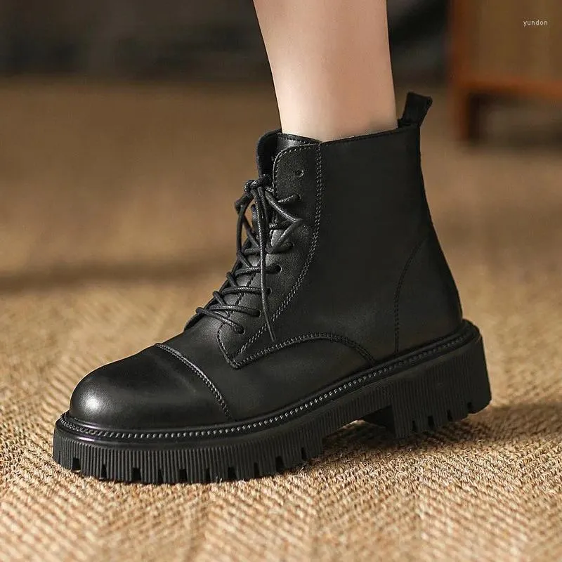 Boots Women Leather Black British Style Spring Autumn Single Soled Soled Motored Careacle C1178