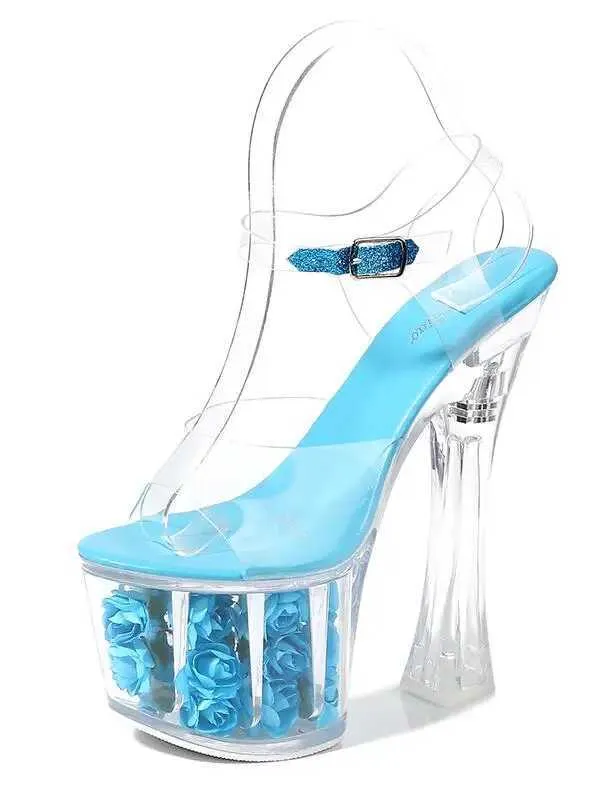 Sapatos de vestido Casamento Mulheres Modelo Salto Grosso Super Salto Alto 17cm Rosas À Prova D 'Água Sandálias Fishmouth Transparente Cristal H240321V8GRNE5W