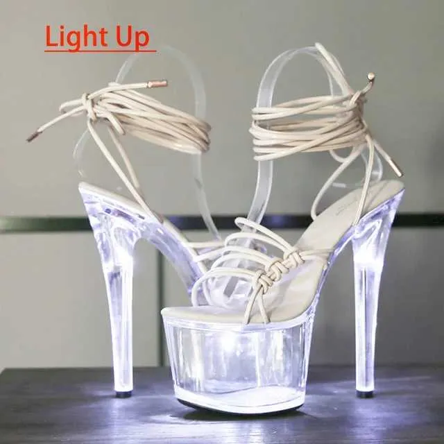 Klänningskor nattklubb Led Light Up High Heels Model Walk Show Lysande sandaler Ankel Lace-Up Pole Dancing Women Transparent Platform H240321Blur