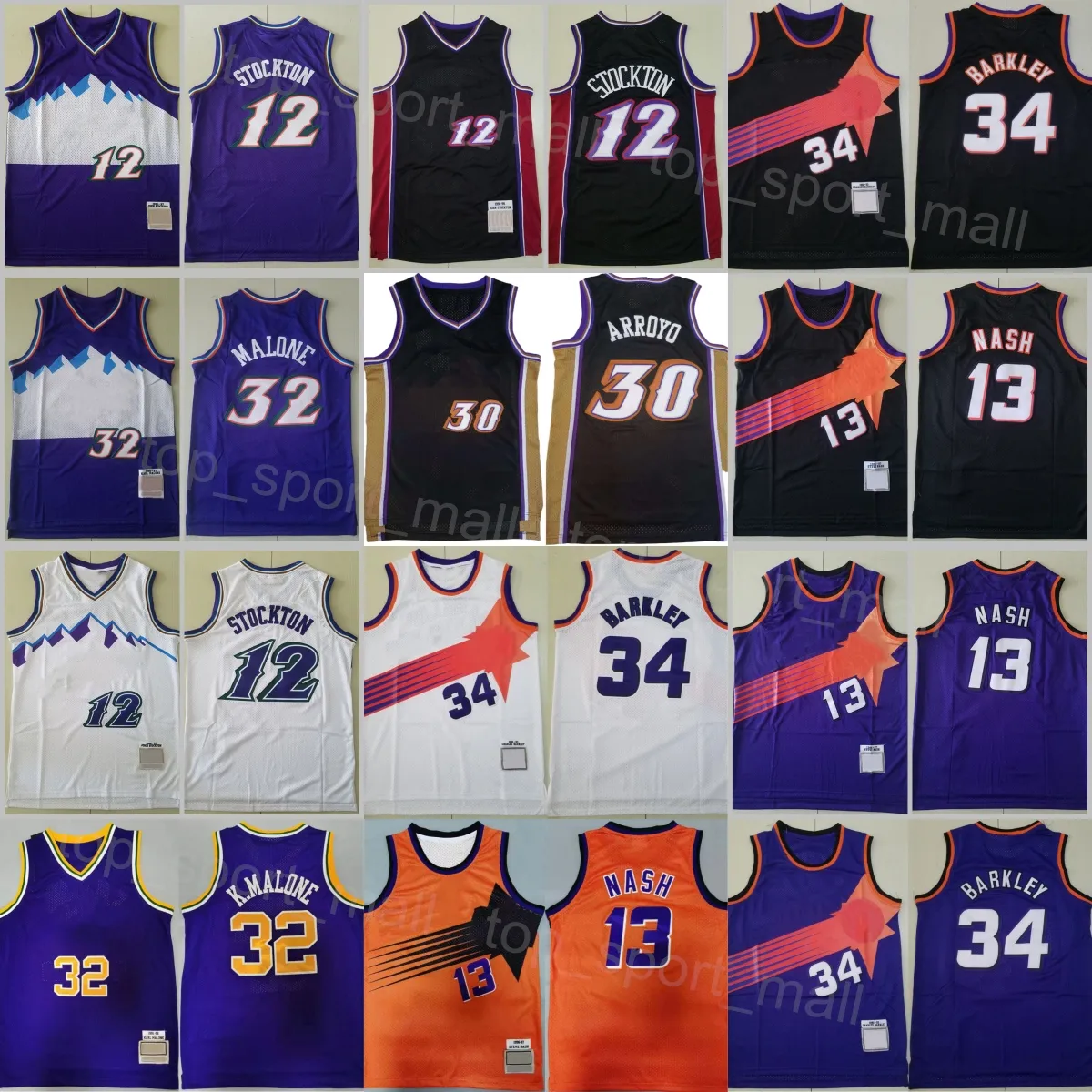 Men vintage Basketball Shotback John Stockton Jersey 12 Karl Malone 32 Carlos Arroyo 30 Steve Nash 13 Charles Barkley 34 Koszula retro czarny fioletowy biały pomarańczowy