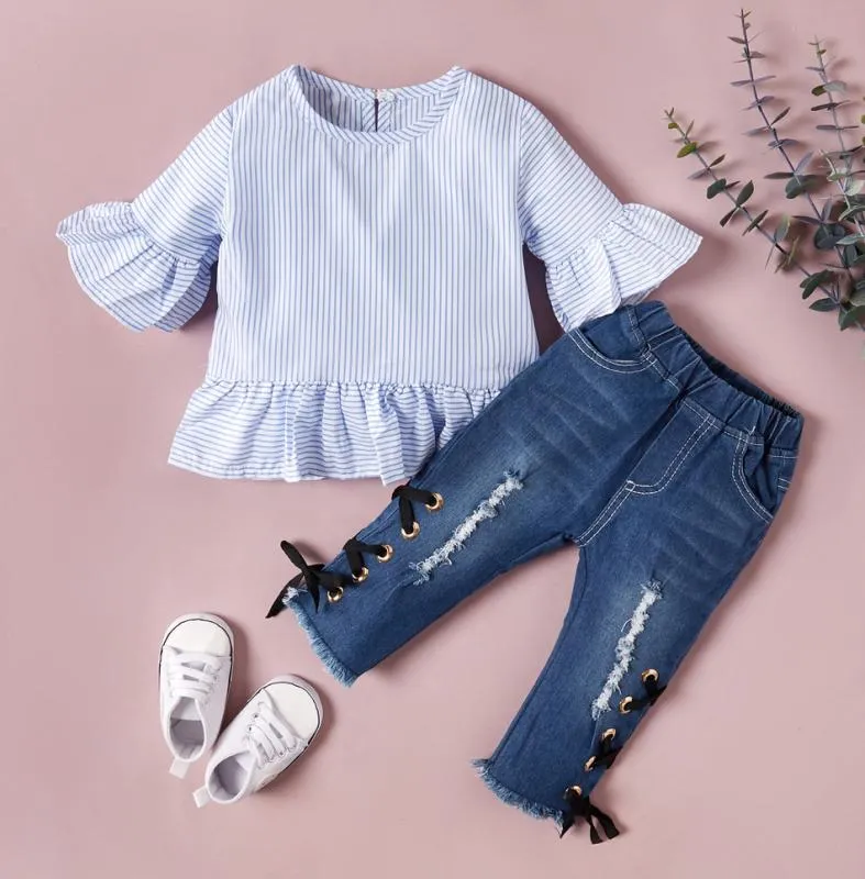 Bébé filles vêtements ensemble infantile filles rayé à manches courtes haut enfants vêtements de marque enfant en bas âge bébé tenues trou côté denim pantalon Bou9150144