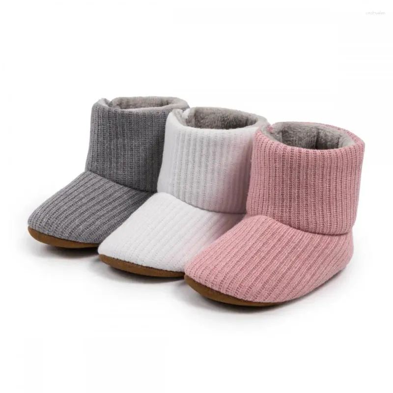 Lauflernschuhe für den ersten Wandertag, einfarbig, gestrickte Stiefel für Babys, Jungen und Mädchen, gepolstert, warm, rutschfest, flache Baumwollsohle