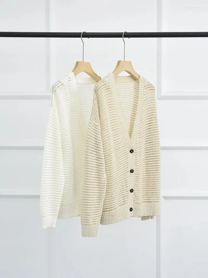 Women's Knits Linen Women Sequin Knitted Cardigan Tops Long Sleeve Hollow Out Single Breasted V-Neck Spring 2024 Lady 2 Colors Jacket