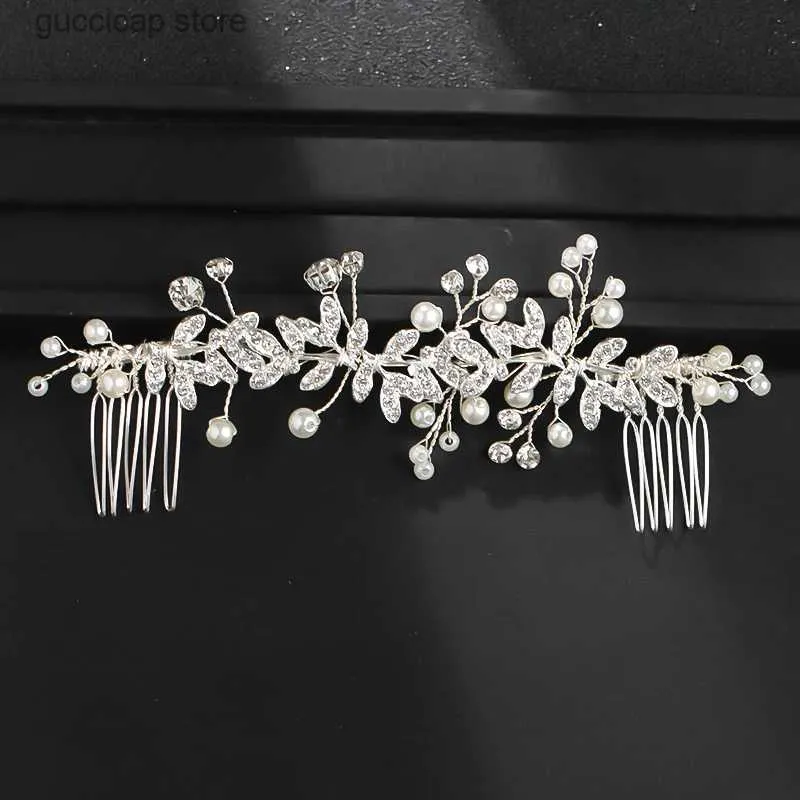 Diademi Pettine per capelli da sposa Fascia per capelli dorata a foglia lunga Accessori per capelli da sposa Accessorio per capelli fatto a mano di lusso con perle di cristallo Y240320