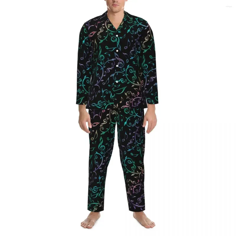 Homens sleepwear arco-íris música notas pijamas homens floral impressão quente noite outono 2 peça casual oversized conjunto personalizado