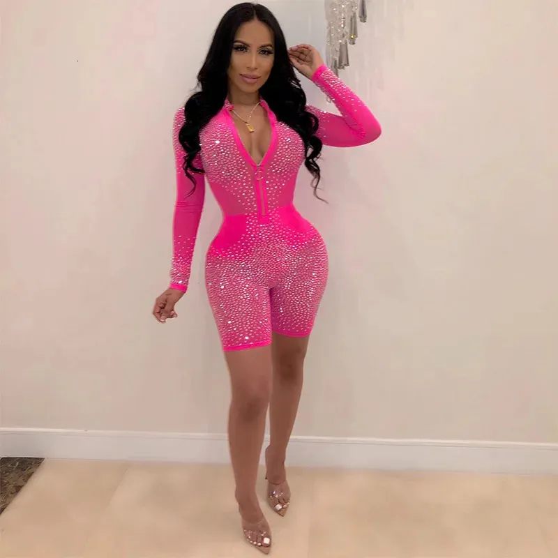 Autumn Neon Pink Mesh Glitter Diamond Women Done Rleeve Playsuits Sheer See Through Club Romper Bodycon Mini Short Scossuit 240306