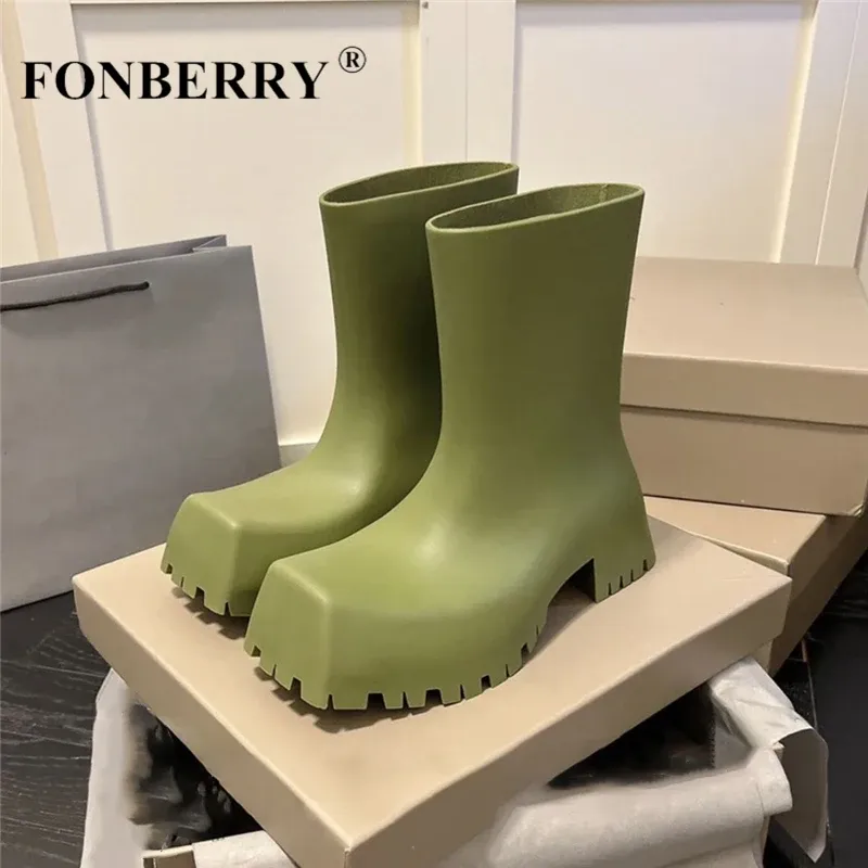 Тапочки Fonberry Chunky Platform Black Mid Mid Carf Women 2022 Осенний квадратный палец на ногах на пинетках.