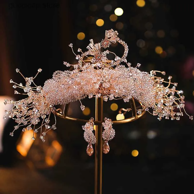Tiaras Bridal Headdress Luxury Crystal N Crown Handmade Hairband Earring Set Headdress Headband Party Bridesmaid Gift Woman Y240320